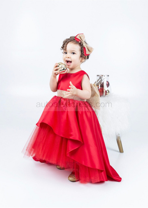 Red Satin Tulle High Low Flower Girl Dress